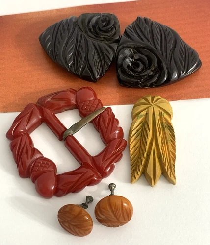 Vintage Mid Century Carved Bakelite Jewelry Lot Earrings Pendant Buckles