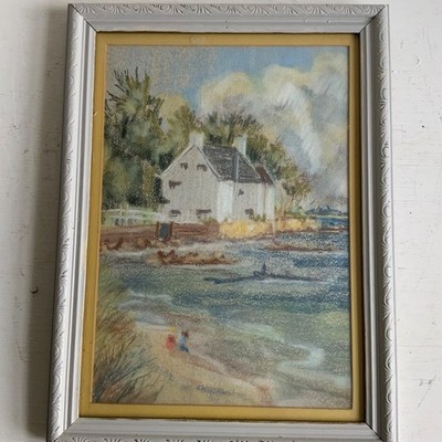 Vintage gerahmtes Pastellbild Landhaus am See Szene