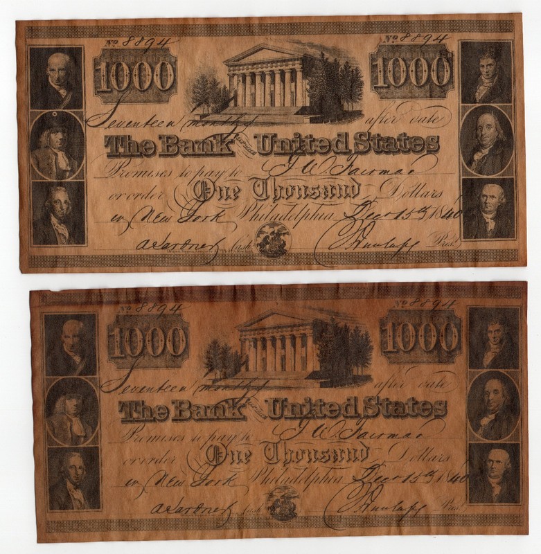 1840 United States 1000 dollars Set of 2 US One Thousand Notes