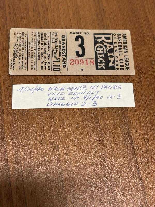 4/21/40 New York Yankees v Washington Senators R/O Ticket Stub 3-2 DiMaggio 2-3