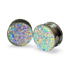 Pair of Screw on Silver Holographic Glitter Plugs gauges 16g thru 1 inch