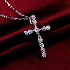 Womens 925 Sterling Silver CZ Crystal Cross Pendant 18" Link Chain Necklace #N57