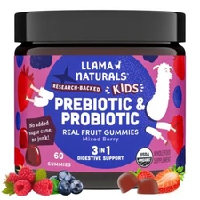 Llama Naturals Kids Probiotic with Prebiotic Fiber Vegan Organic Prebiotics a...