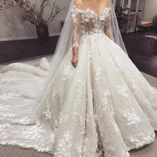 Elegant Wedding Dresses Illusion Lace Flowers Chapel Train A-line Bridal Gowns