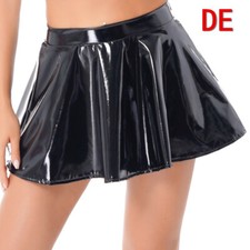 Damen Leder Rock Wetlook Mini Skaterrock Lackleder Stretch  A-Linien Faltenrock