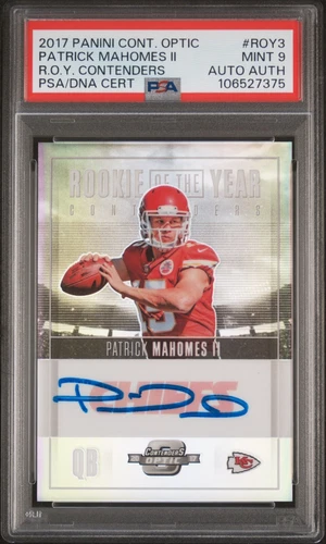 PATRICK MAHOMES SIGNED 2017 PANINI CONTENDERS OPTIC ROY /99 ROOKIE RC AUTO PSA 9