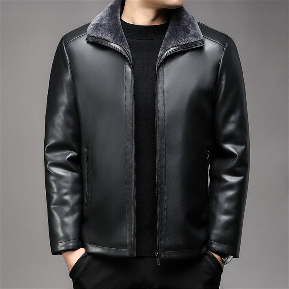 Men Zipper Pu Leather Jacket Casual Coat Winter Warm Outdoor Fleece Coat Outwear