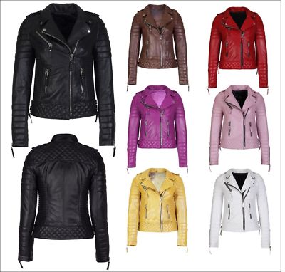 Women's Genuine Lambskin Leather Moto Jacket Quilted Napa Biker XS 3XL 10 Colors