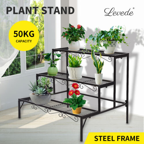 Levede Plant Stand 3 Tier Rectangle Metal Flower Pot Planter Corner Shelf Black - Picture 1 of 12