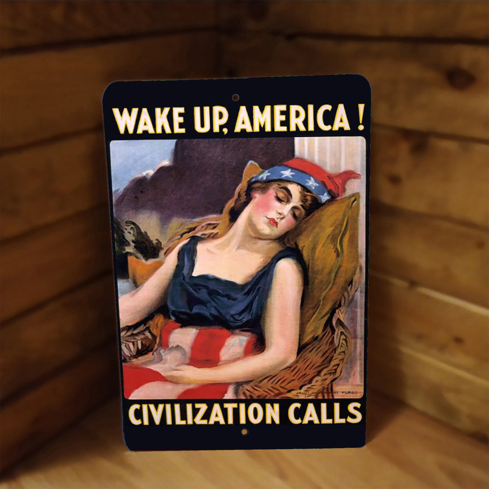 Vintage WW1 Wake Up America Sleeping Liberty Metal Poster Sign Reproduction-image