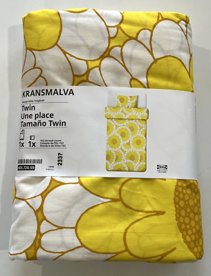 New IKEA KRANSMALVA Twin Duvet Cover with Pillowcase, Yellow White Floral