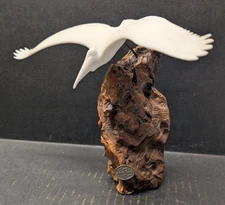 Vintage John Perry Flying White Pelican Sculpture with Burl Wood Base 11"Wx8"H
