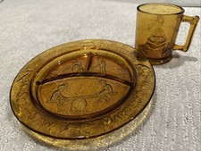 Tiara Indiana Glass Amber Child's Nursery Rhyme Plate Mug Set Mother Goose