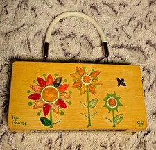 Vintage ENID COLLINS Mid Century Mod 60s Wood Box Bag Tres Flores 3 Flower PURSE