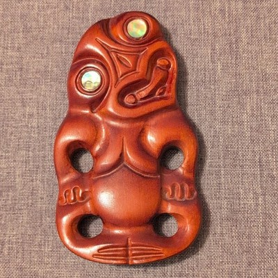 Vintage Hand Carved Wood Tiki Abalone Shell Eyes 6.5''x 3.5'' Vtg