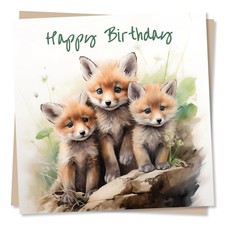 Adorable Happy Birthday Fox Triplets Card - Foxes Greetings Card For Friend, ...
