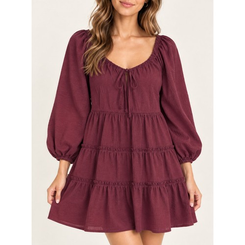 Madewell Burgundy Tiered Ruffle Mini Dress Long Sleeve Boho Romantic Size-8