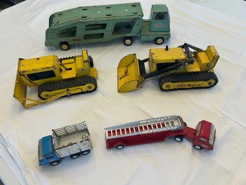 Vintage Lot 1960s Tonka Green Car Hauler Yellow Bulldozer Loader Stock Ladder Tr