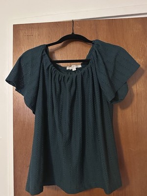 NWOT Loft Hunter Green Eyelet Pattern Flutter Cap Sleeve Blouse M