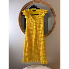 Sharagano Eyelet Lace Dress Yellow summer Ruffle Flutter Sleeve V-Neck