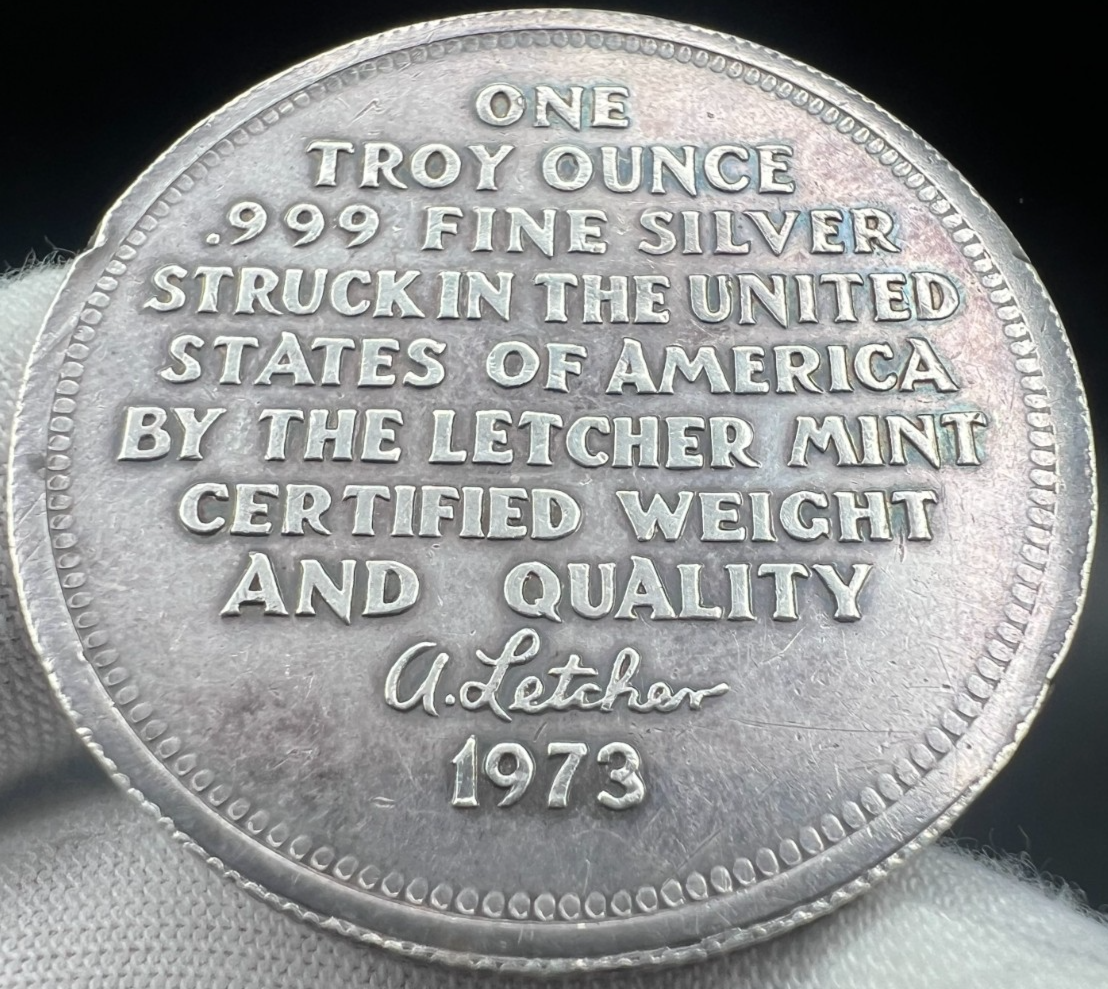 1973 The Letcher Mint 1 Troy Ounce .999 Fine Silver Eagle Art