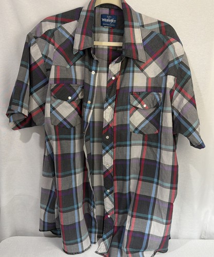 Wrangler Western Shirt Mens L Plaid Pearl Snap Short Sleeve Cowboy