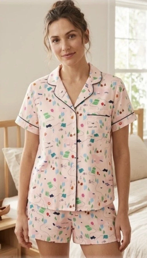 NWT Kate Spade Camping Themed Women’s 2PC Pajama Set Short Sleeve Shorts Size M