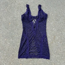 Fredericks of Hollywood Blue Purple Criss Cross Peekaboo Lace Lingerie Nightie M