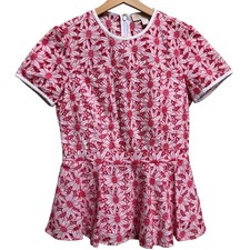 MICHAEL KORS Womens Peplum Eyelet Cotton Top 4 Short Sleeve Pink White EUC