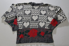 HOT CASHEWS Women Sweater Roses Hearts Pattern Acrylic 90s USA Made VTG FLAW