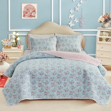 Joyreap Queen Size Floral Quilt Set For Girls Pink Flowers On Blue Design 3Pcs