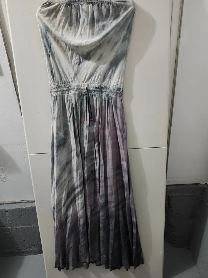 Vestido Gitano 05 Mujer S Gris Maxi Tubo 100% Seda Cintura Corbata Ombre Acuarela Boho Foto 2 de 4