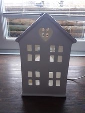 Leah Table Lamp, House Shaped, Ceramic White Bodied With A Grey Roof Top