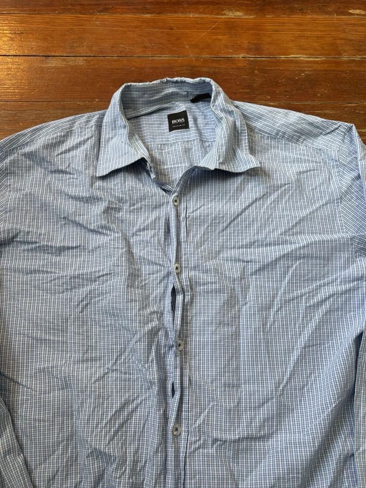 Hugo Boss Shirt Men Extra Large Blue Button Down Outdoors Check Dress Reg XL - Image 2 of 4