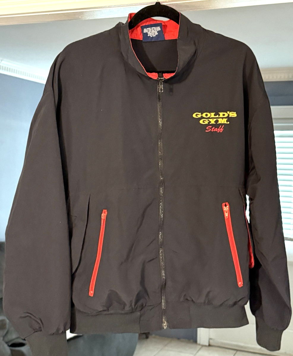 Gold's Gym Vintage STAFF LARGE (L) BLACK Jacket Red Zipper Pockets
