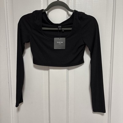 SHEIN FIT Women s Black Solid Cropped Scoop Neck Long Sleeve Slim Top Size S