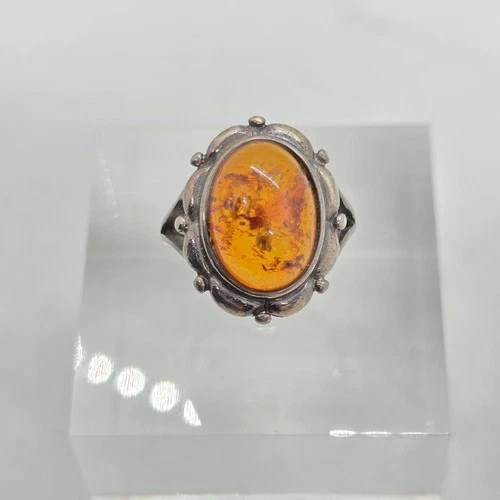 Sterling Silver Vintage Oval Amber Ring Size 5.75