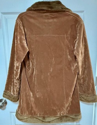 Dino Coat Womens Medium Brown Velour Faux Fur Trim Button Front Fleece Lined - Picture 3 of 7