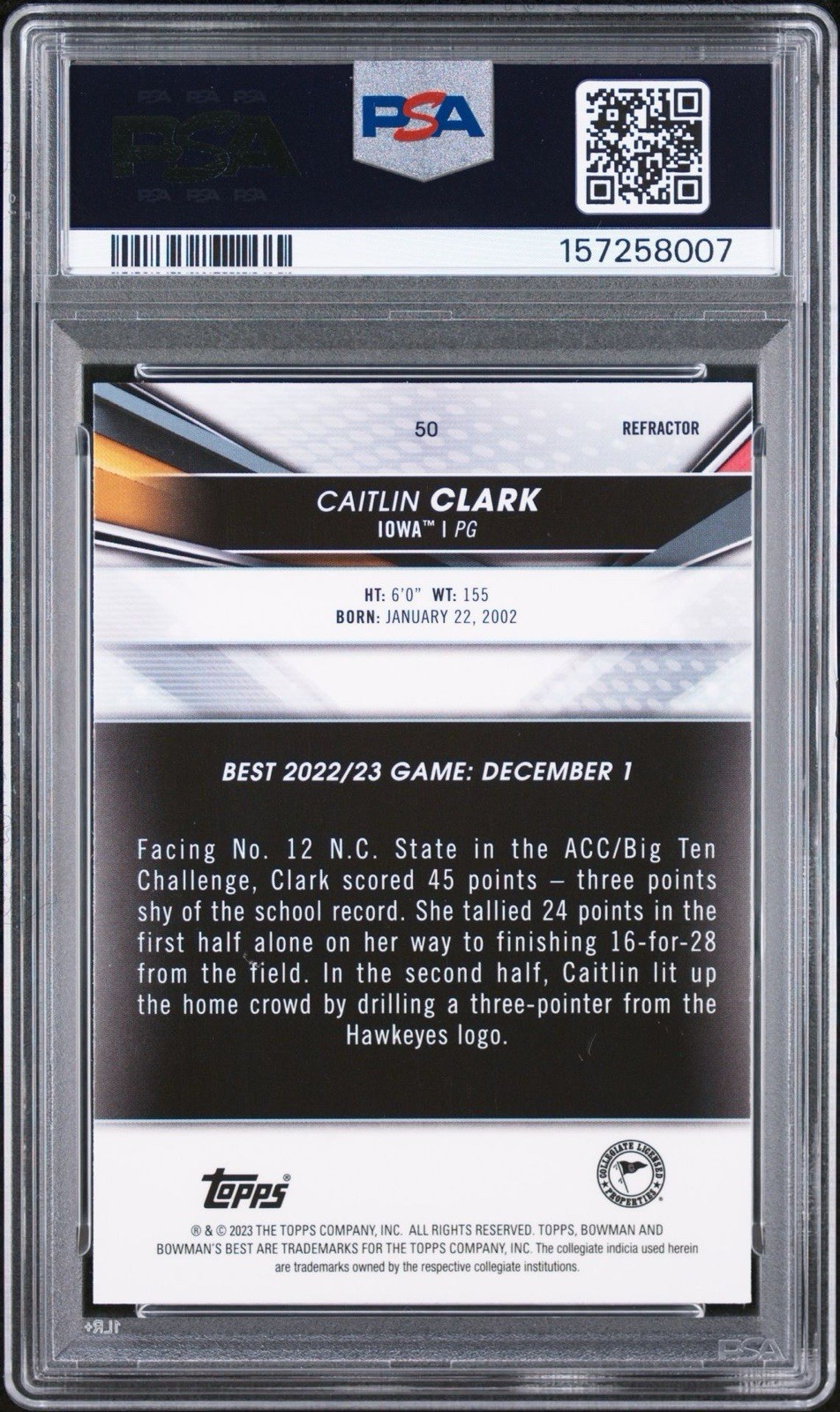 2022 BOWMAN UNIV BEST #50 CAITLIN CLARK REFRACTOR PSA 9 view 1