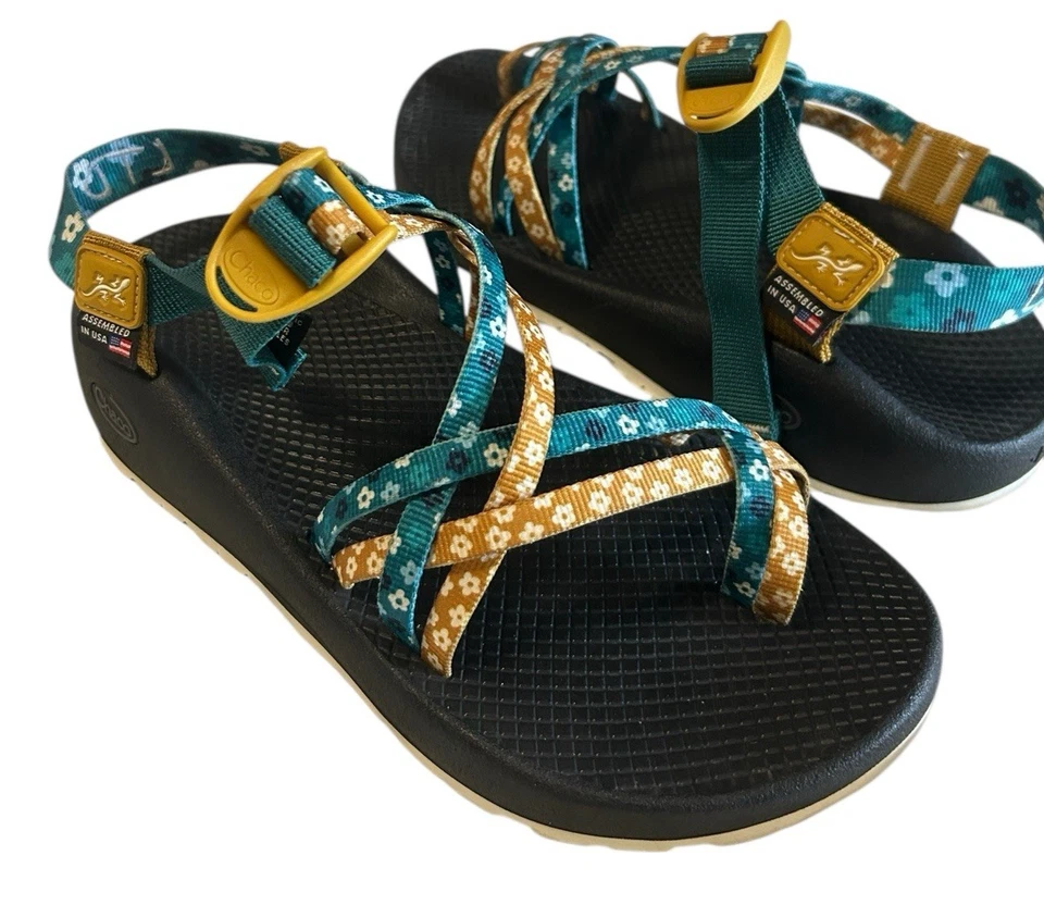 Chaco ZX2 双带蓝色芥末花卉远足凉鞋女式 8M 码 — 第 3/4 张图片