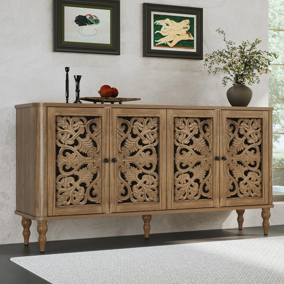 Carved Buffet Cabinet Accent Cabinet with 4 Craft Doors Storage for Living Room - Image 3 of 4