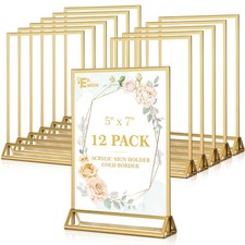 12 Pack Acrylic Sign Holder 5 x 7, Double Sided Gold Picture Frame Stand up T...