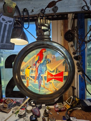 Very Rare 1963 Double Sided Large Bud Rotating Clock Light With Parrots Works