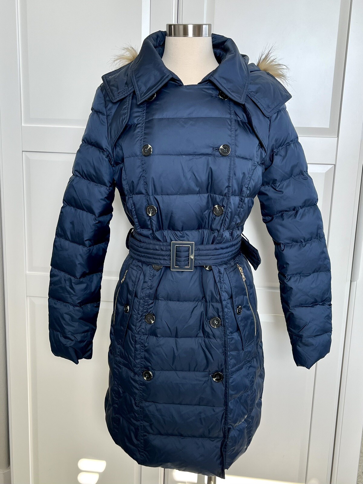 Sam Edelman Navy Blue Faux Fur Hood Double Breasted Puffer Down Parka Jacket image 10