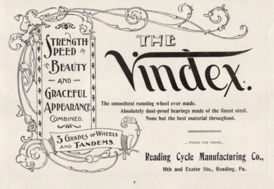 1896 The Vindex Wheels & Tandems Reading Cycle Manufacturing Co Bicycle Print Ad