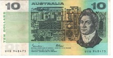 AUSTRALIA $10 Dollars VF+ Banknote (1985) P-45e Johnston-Fraser Prefix UUQ