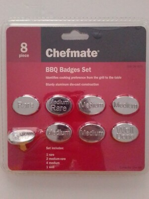 Barbeque BBQ Badge Set Chefmate Meat Badges Cooked to Perfection 8 Piece Set NEW