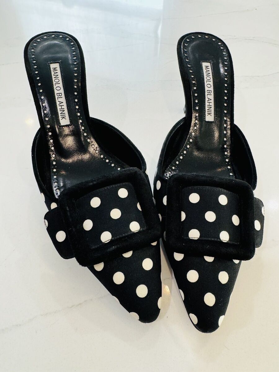 Manolo Blahnik Black & White Maysale Polka Dot Buckle Mules Manolo Blahnik Black & White Maysale Polka Dot Buckle Mules