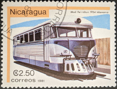 Stamp Nicaragua SG2323 1981 2.50Cord Diesel Railbus Germany 1954 Used - Foto 1 di 1