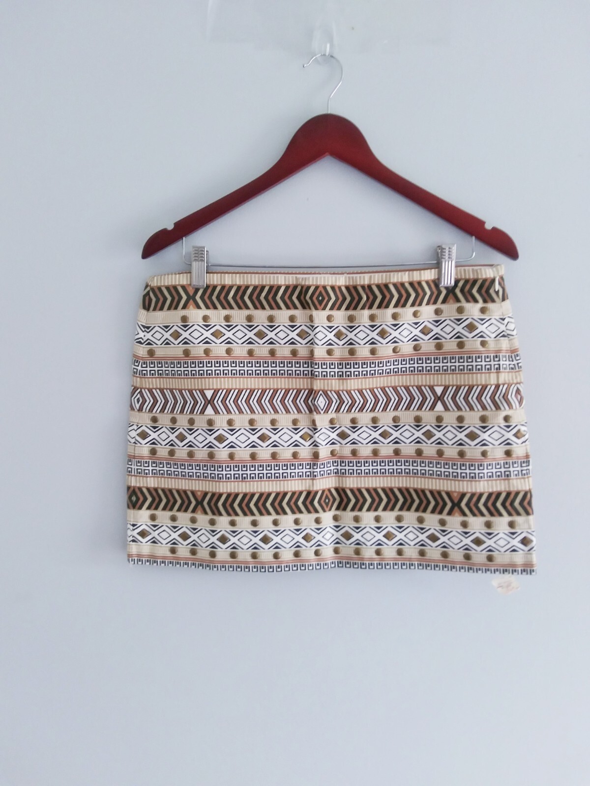 Boutique Tribal Aztec Mini Skirt with Rivets in Black Tan Ivory Cotton for Women